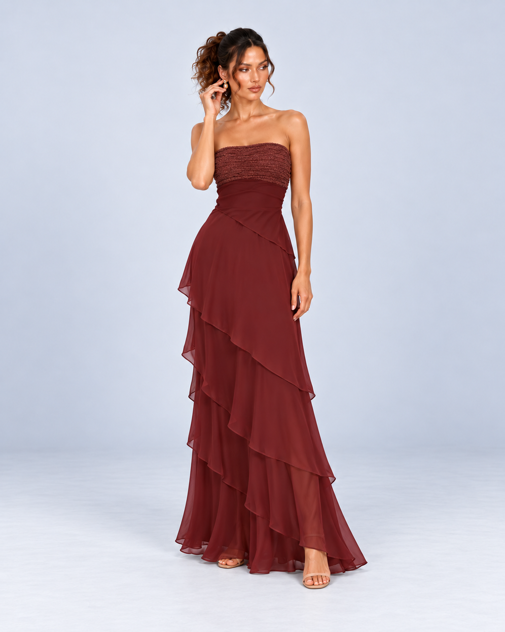Burgundy Strapless Tiered Ruffle Maxi Dress