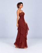 Burgundy Strapless Tiered Ruffle Maxi Dress