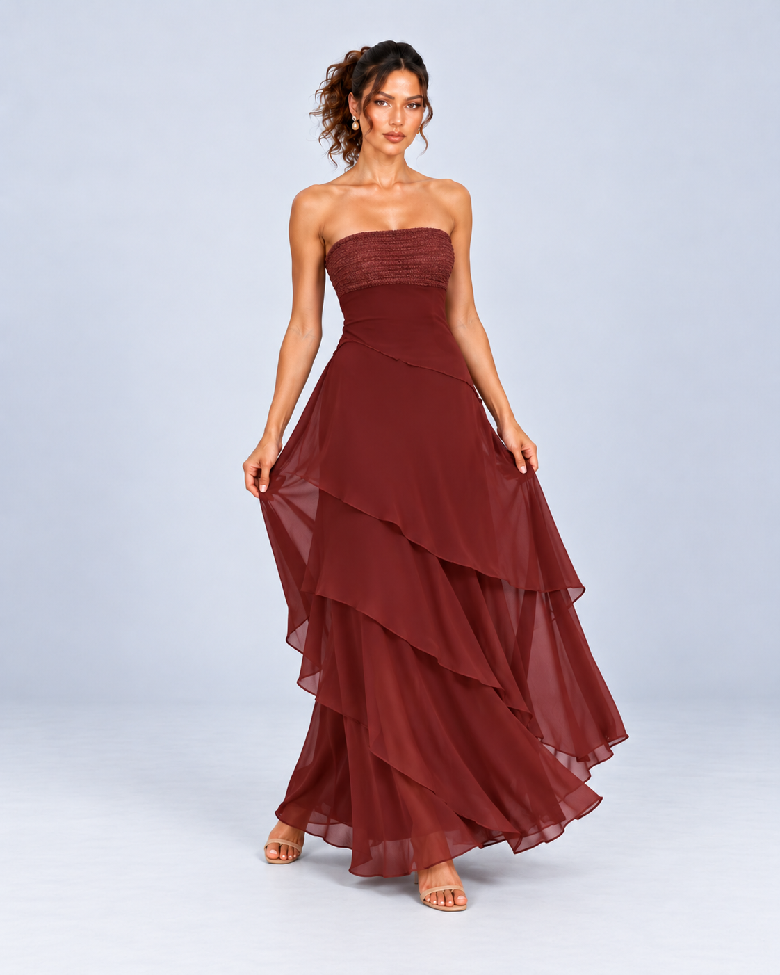 Burgundy Strapless Tiered Ruffle Maxi Dress