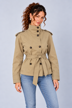 Beige Belted High Neck Short Trench Jacket