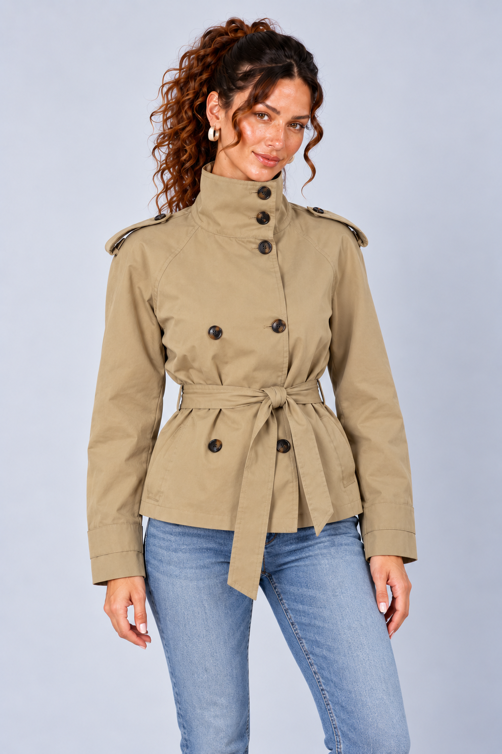 Beige Belted High Neck Short Trench Jacket