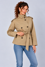 Beige Belted High Neck Short Trench Jacket
