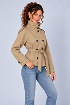 Beige Belted High Neck Short Trench Jacket