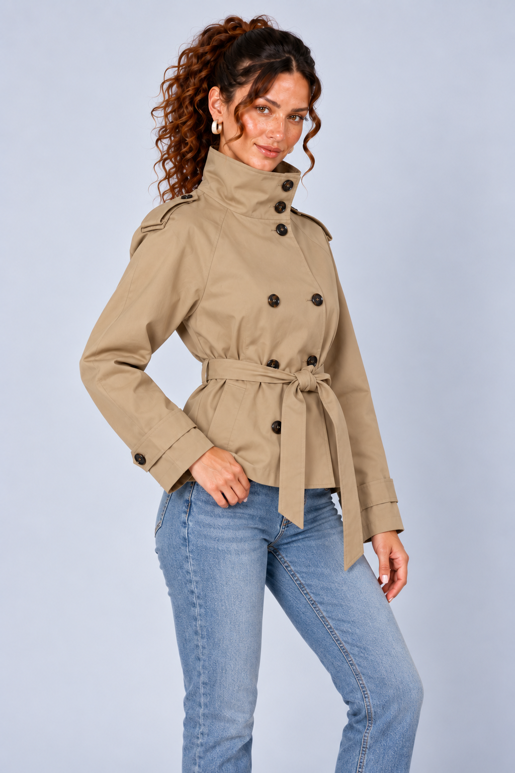 Beige Belted High Neck Short Trench Jacket