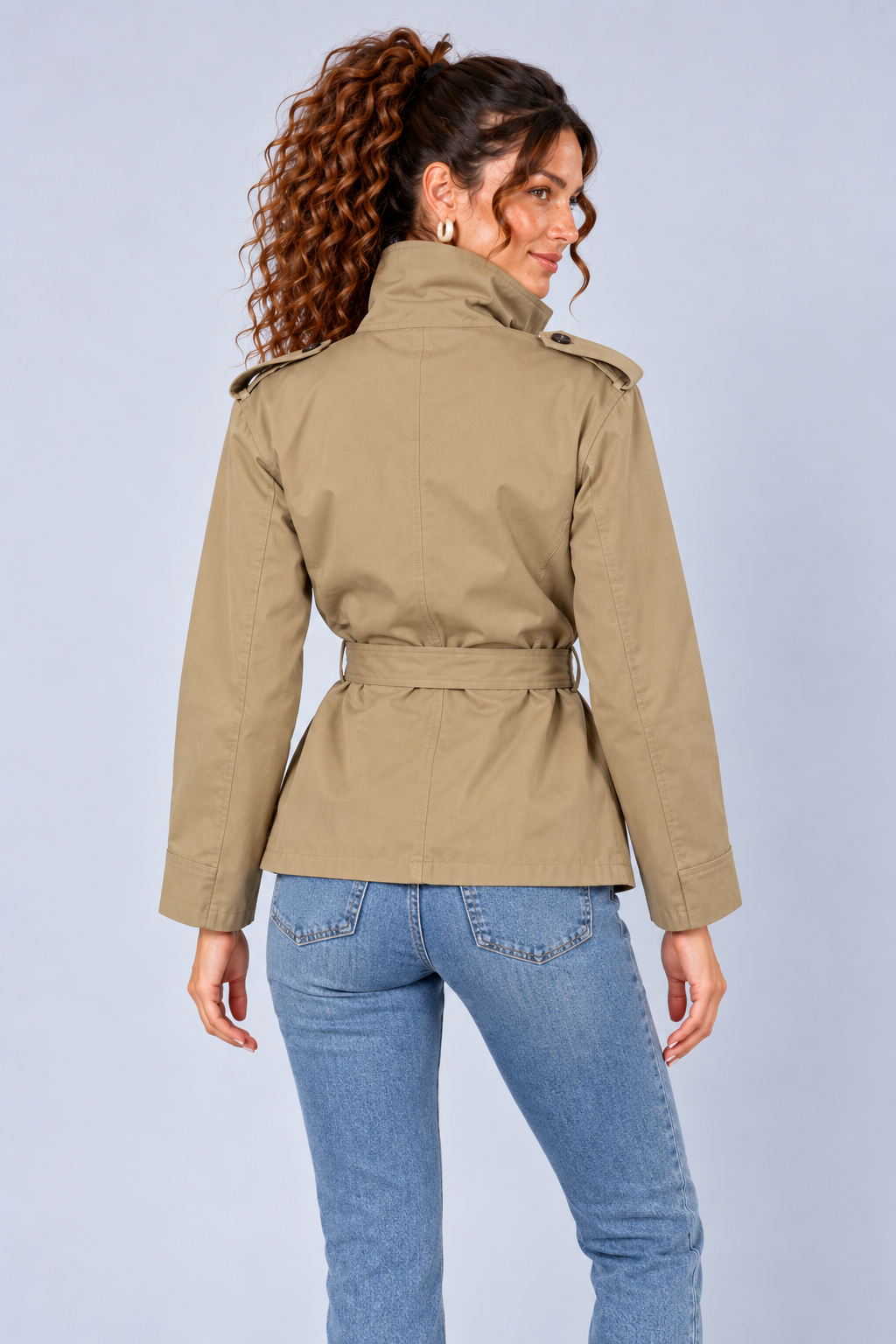 Beige Belted High Neck Short Trench Jacket