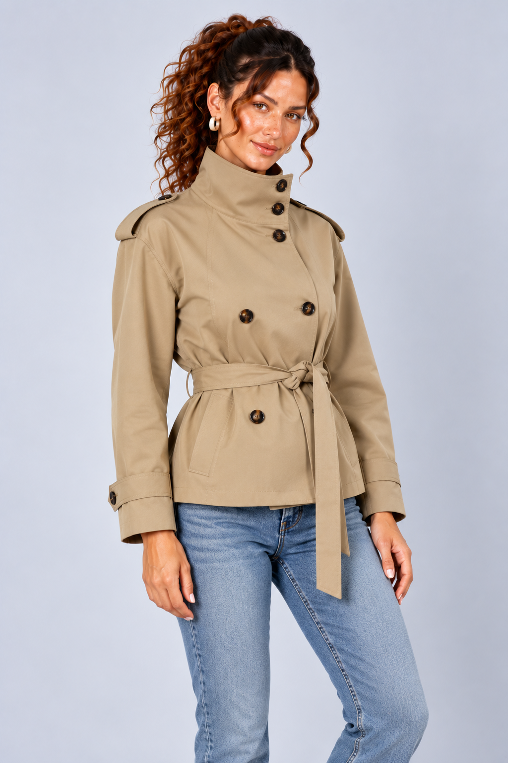 Beige Belted High Neck Short Trench Jacket