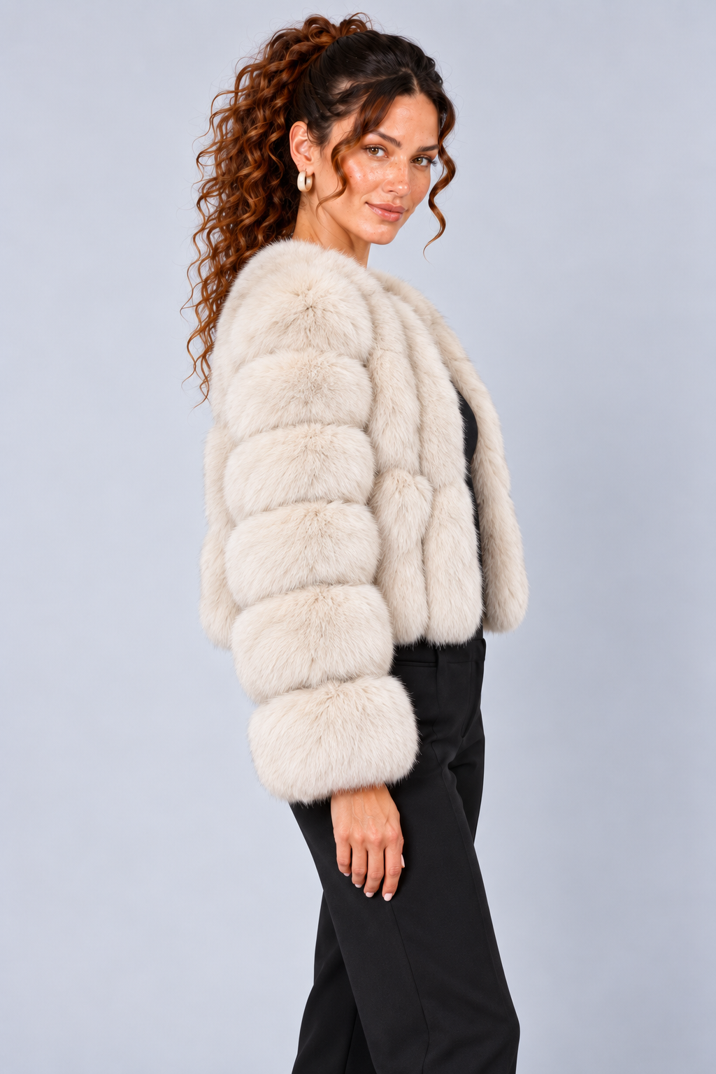 Cropped Fur Effect Long Sleeve Panel Jacket