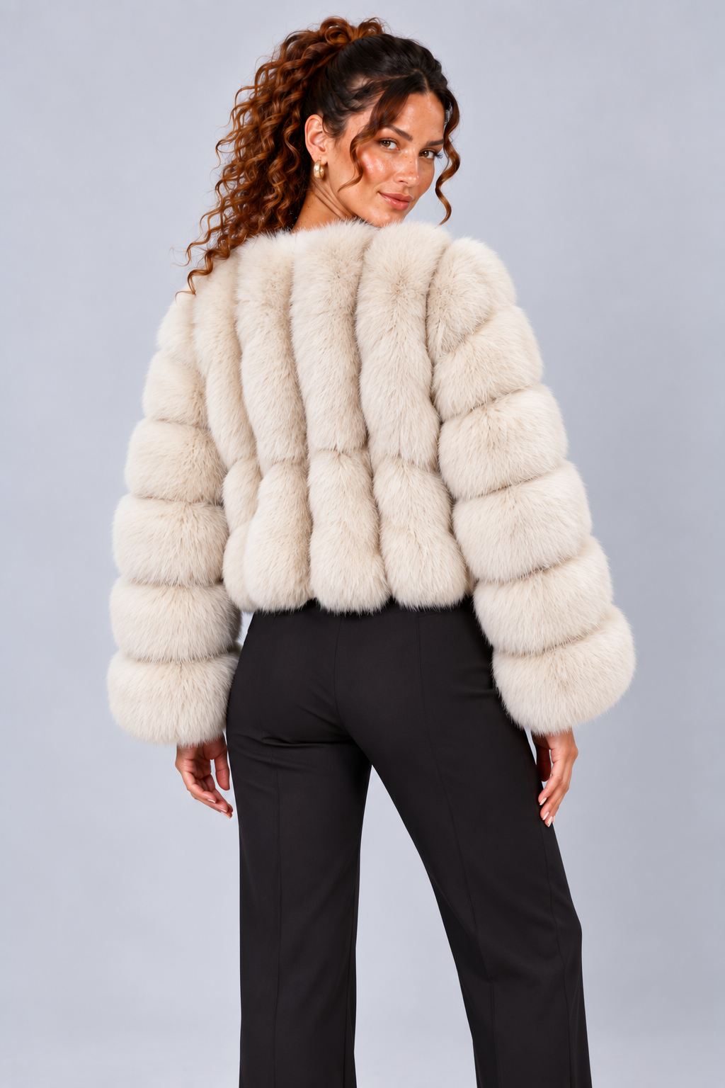 Cropped Fur Effect Long Sleeve Panel Jacket
