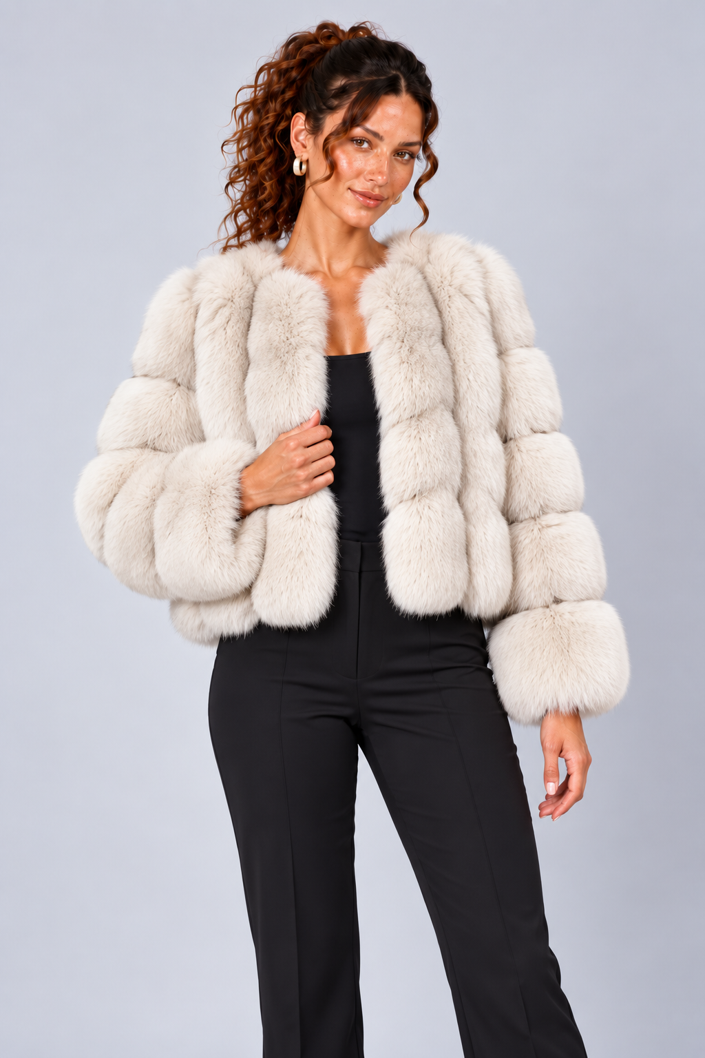 Cropped Fur Effect Long Sleeve Panel Jacket