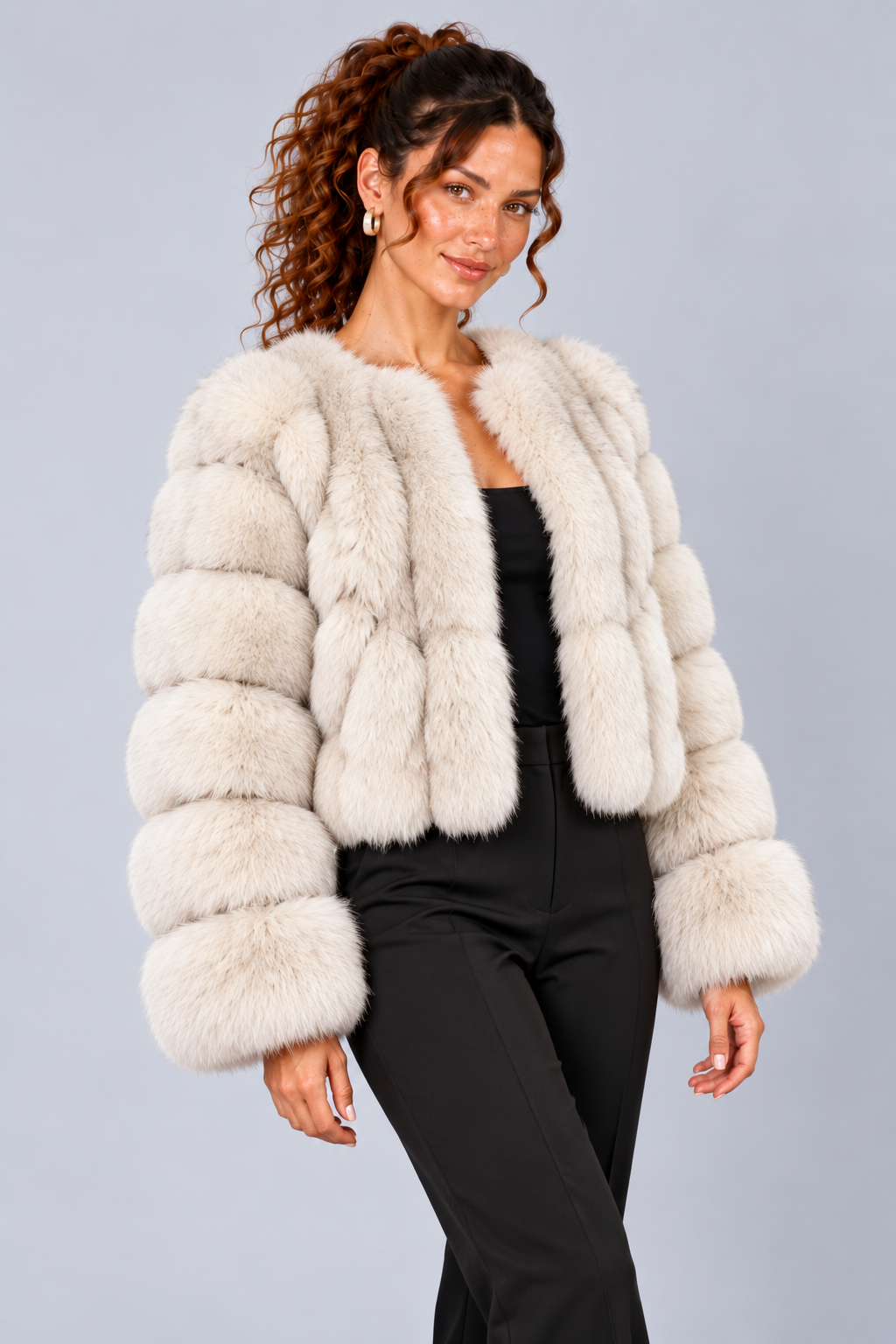 Cropped Fur Effect Long Sleeve Panel Jacket