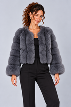 Cropped Fur Effect Long Sleeve Panel Jacket