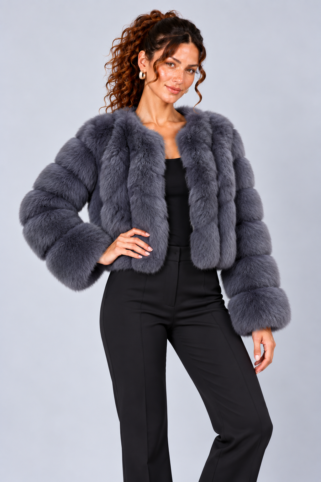 Cropped Fur Effect Long Sleeve Panel Jacket