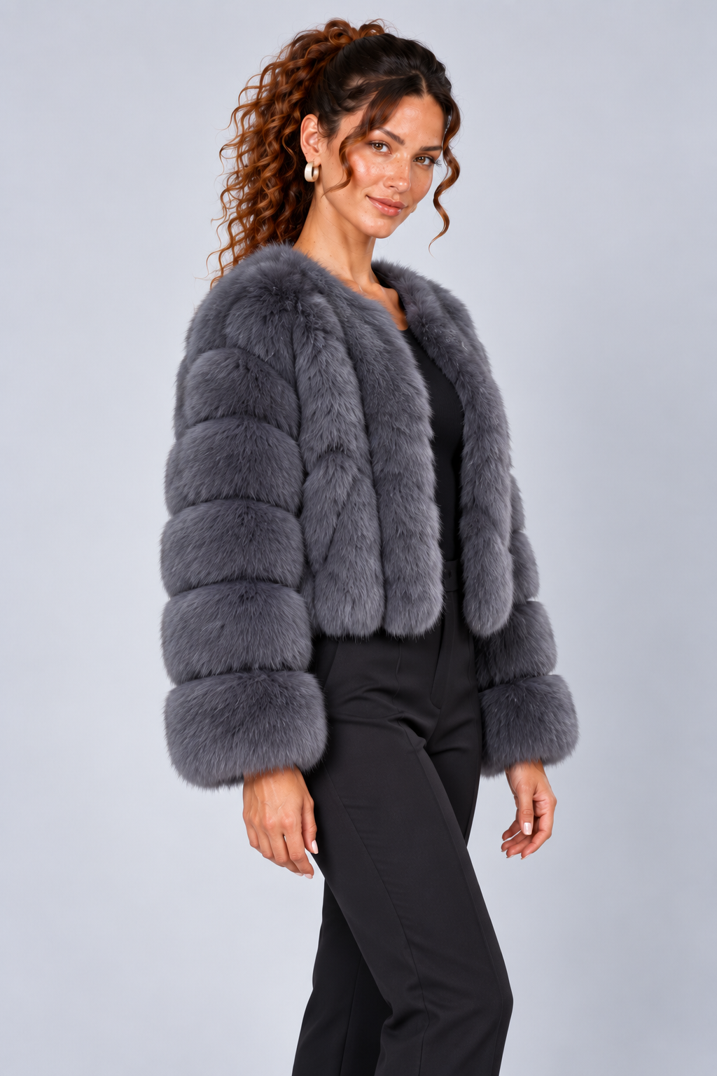Cropped Fur Effect Long Sleeve Panel Jacket