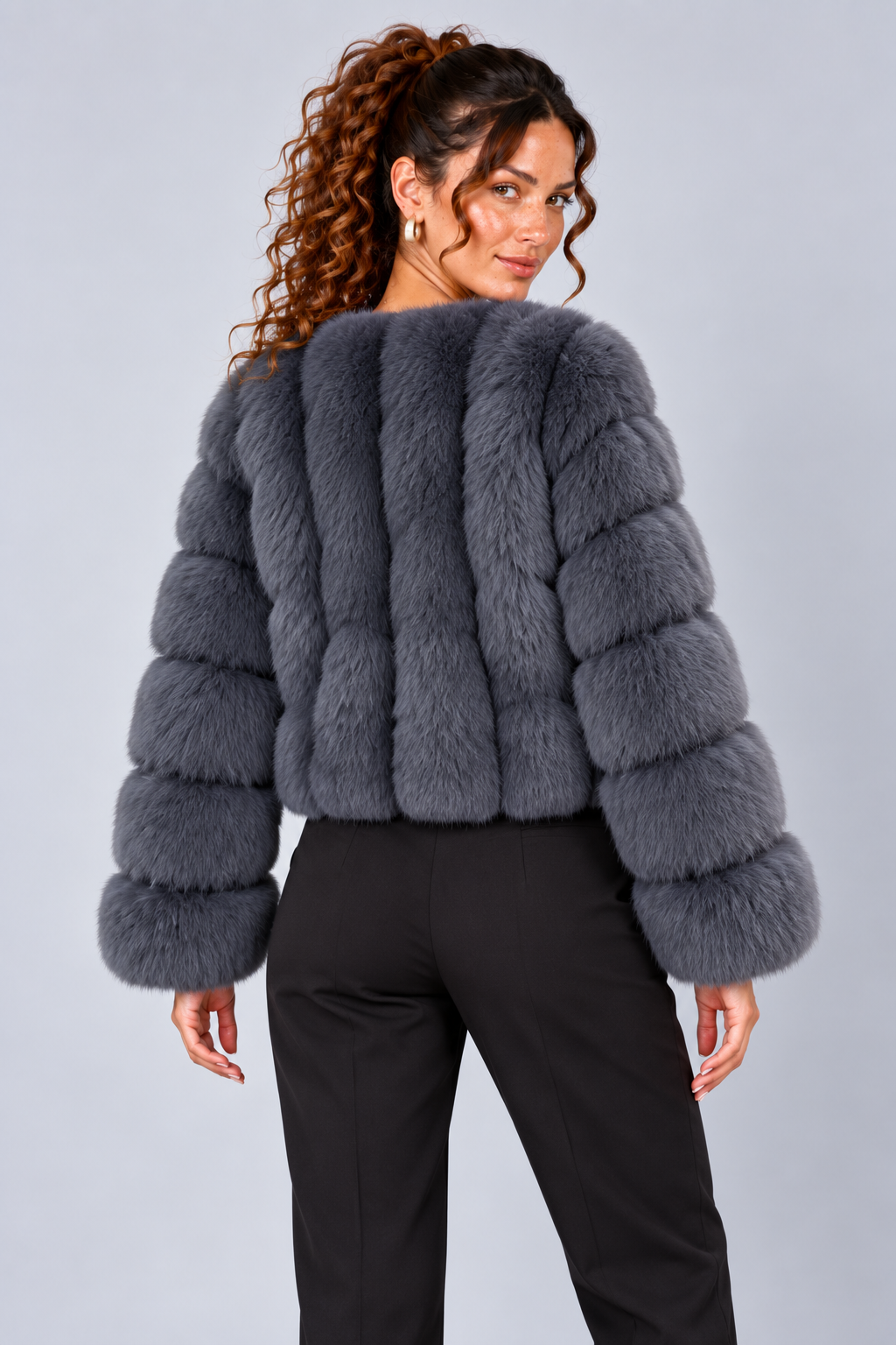 Cropped Fur Effect Long Sleeve Panel Jacket