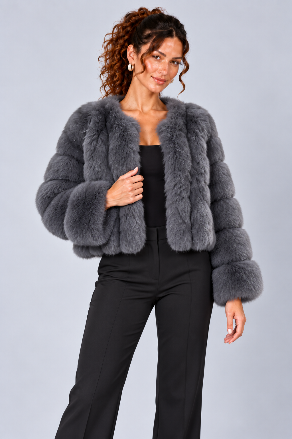 Cropped Fur Effect Long Sleeve Panel Jacket