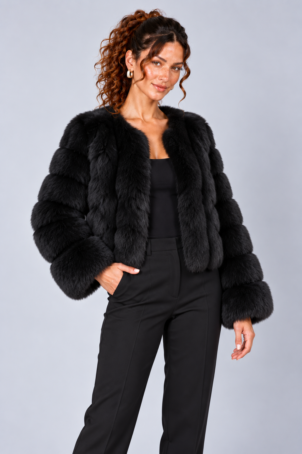 Cropped Fur Effect Long Sleeve Panel Jacket