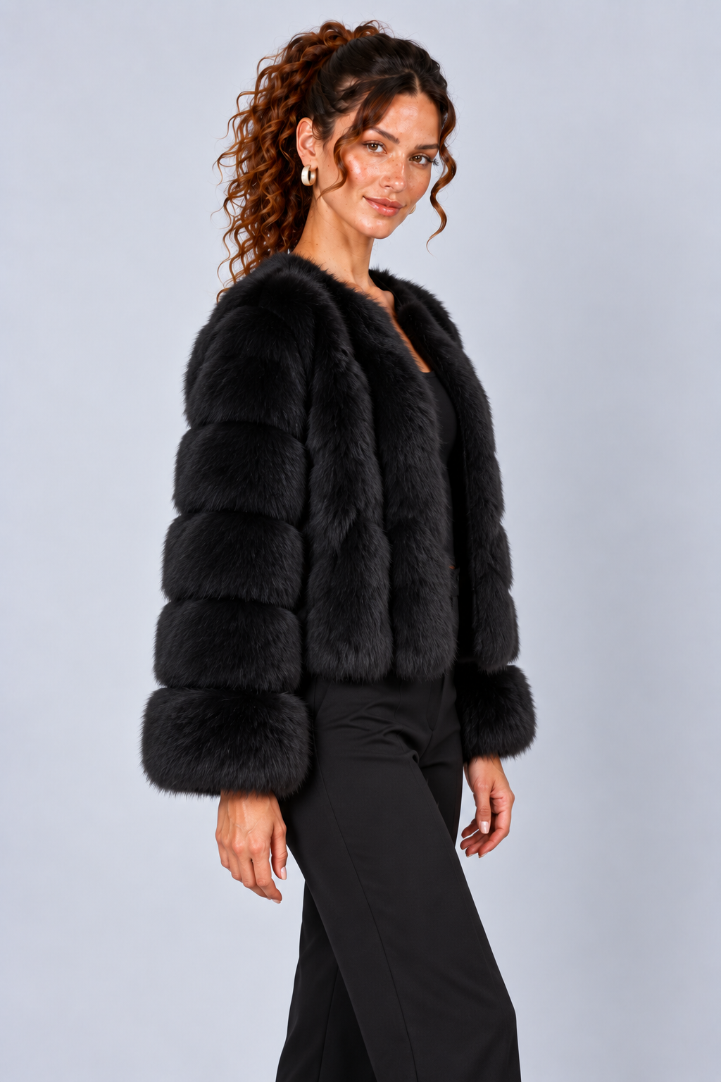 Cropped Fur Effect Long Sleeve Panel Jacket
