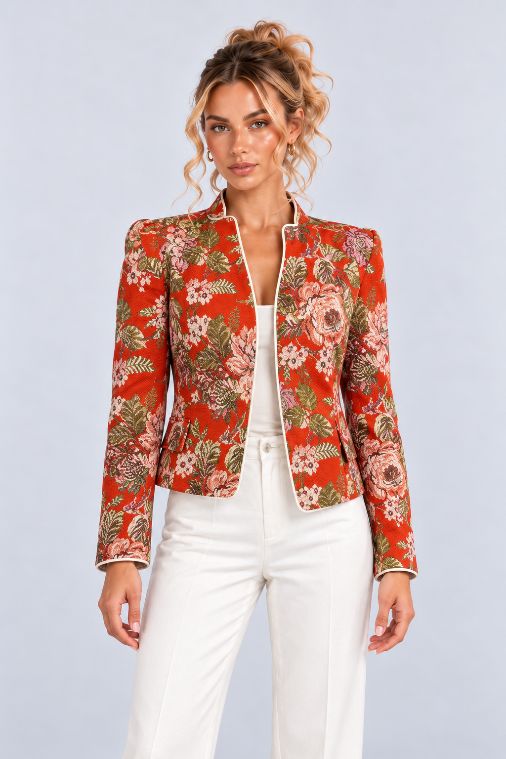 Red Floral Stand Collar Long Sleeve Tailored Jacket