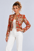 Red Floral Stand Collar Long Sleeve Tailored Jacket