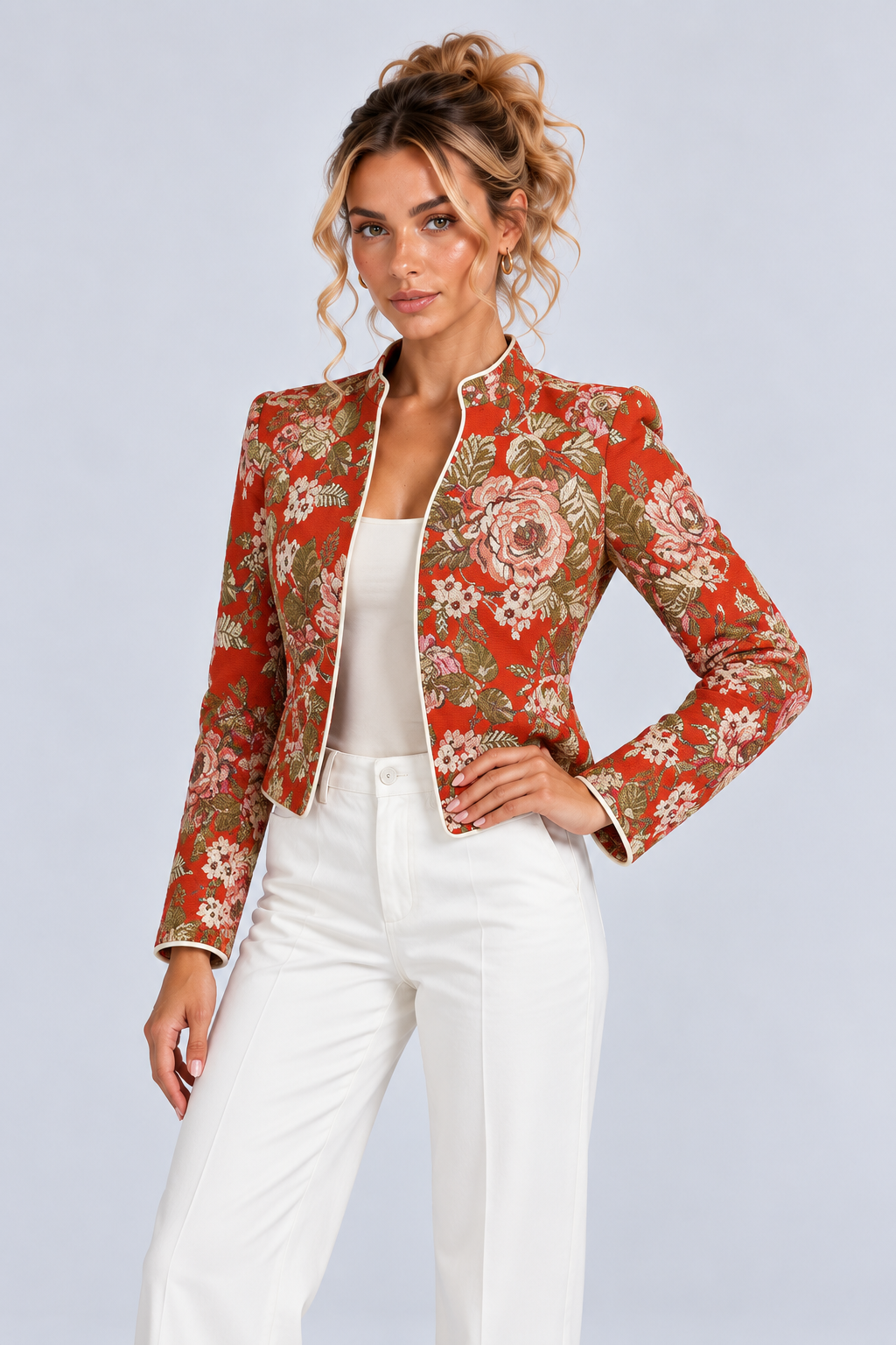 Red Floral Stand Collar Long Sleeve Tailored Jacket