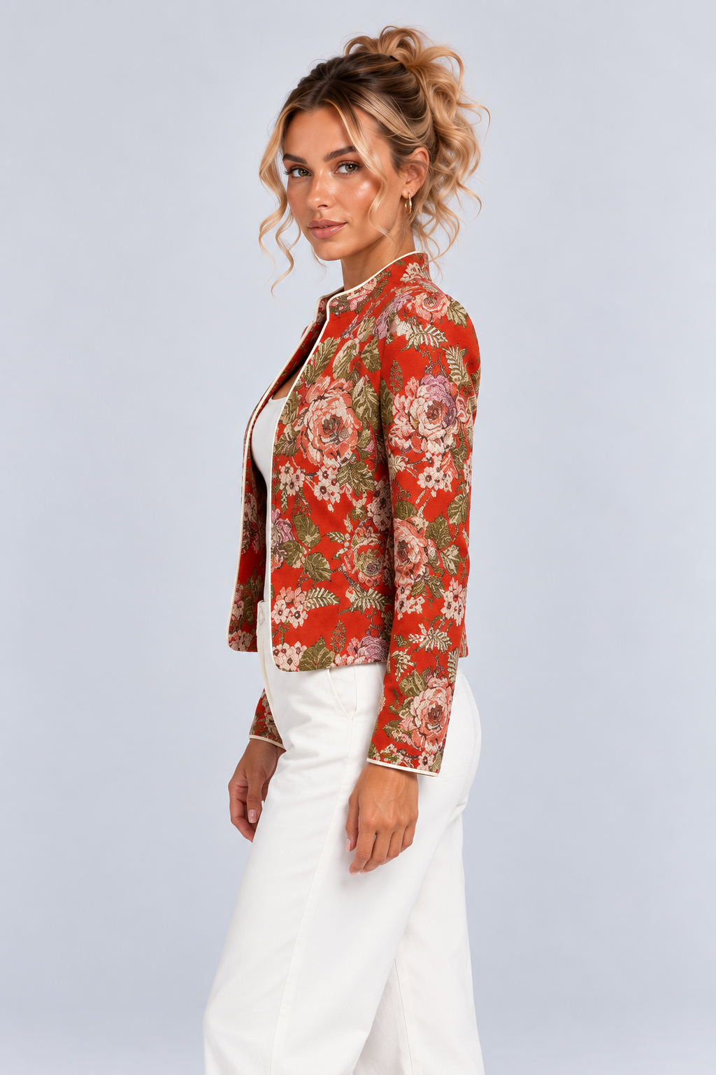 Red Floral Stand Collar Long Sleeve Tailored Jacket