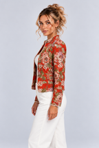 Red Floral Stand Collar Long Sleeve Tailored Jacket