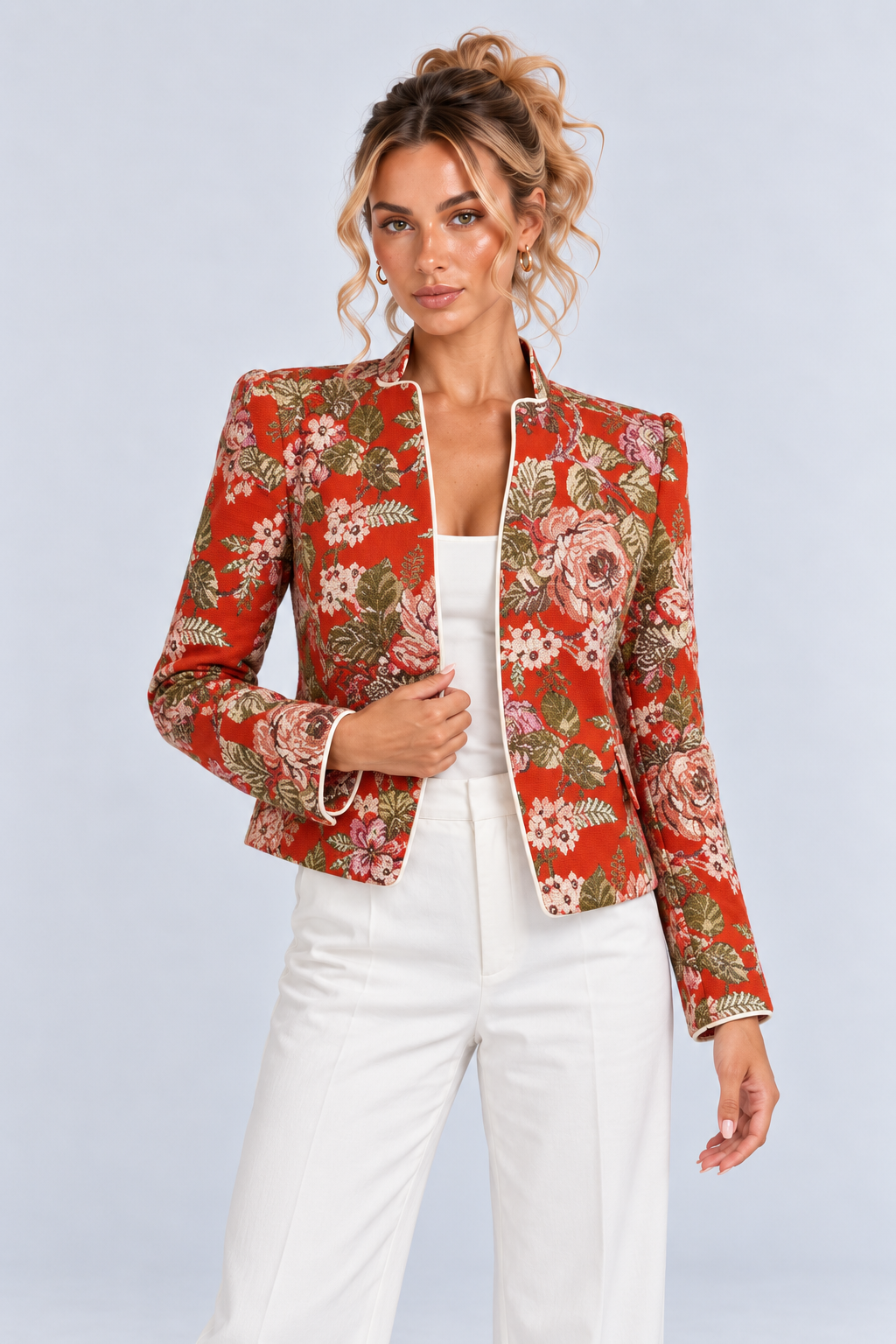 Red Floral Stand Collar Long Sleeve Tailored Jacket