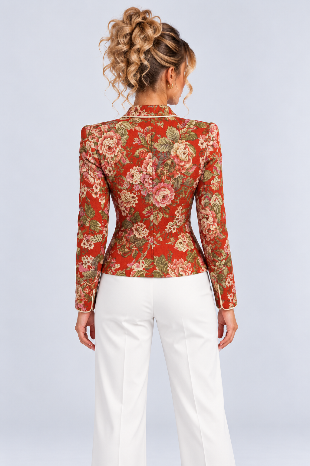 Red Floral Stand Collar Long Sleeve Tailored Jacket
