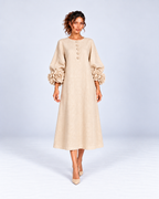 Round-Neck Puff Sleeve A-Line Midi Dress