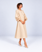 Round-Neck Puff Sleeve A-Line Midi Dress