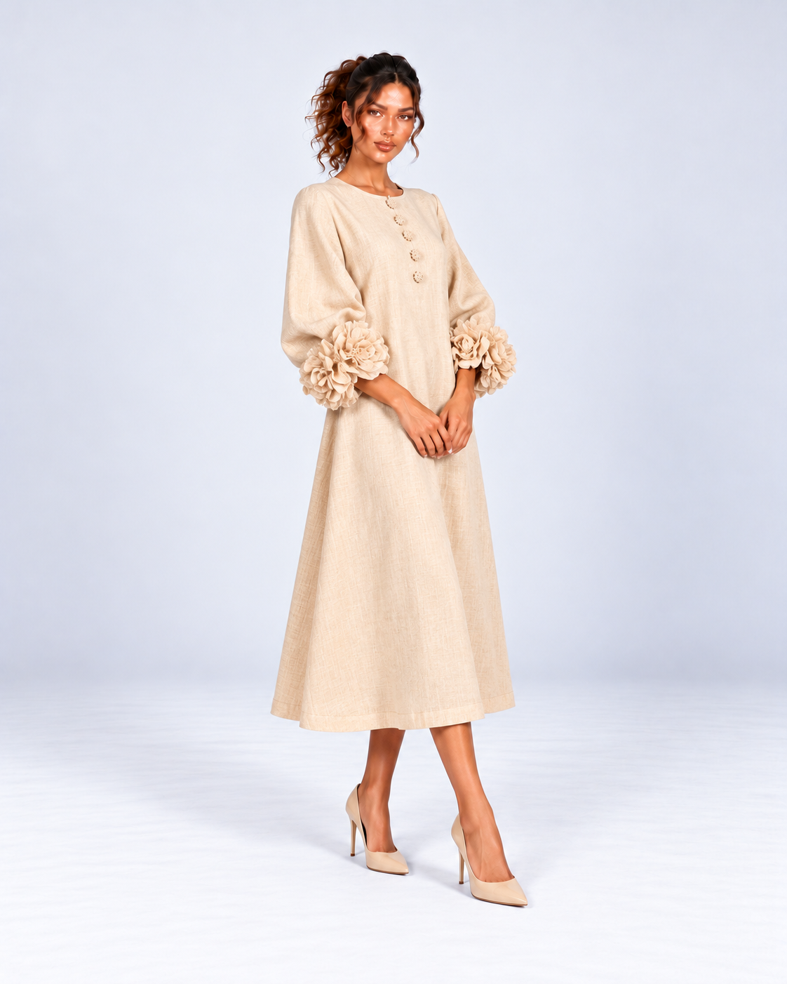 Round-Neck Puff Sleeve A-Line Midi Dress