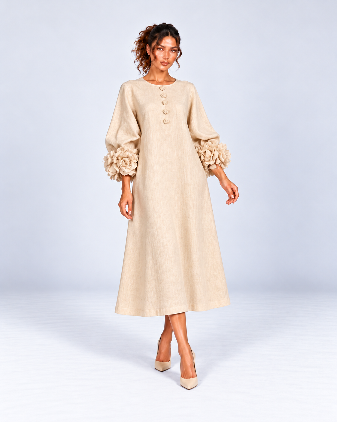 Round-Neck Puff Sleeve A-Line Midi Dress