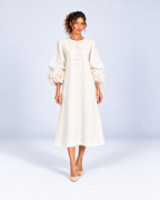 Round-Neck Puff Sleeve A-Line Midi Dress