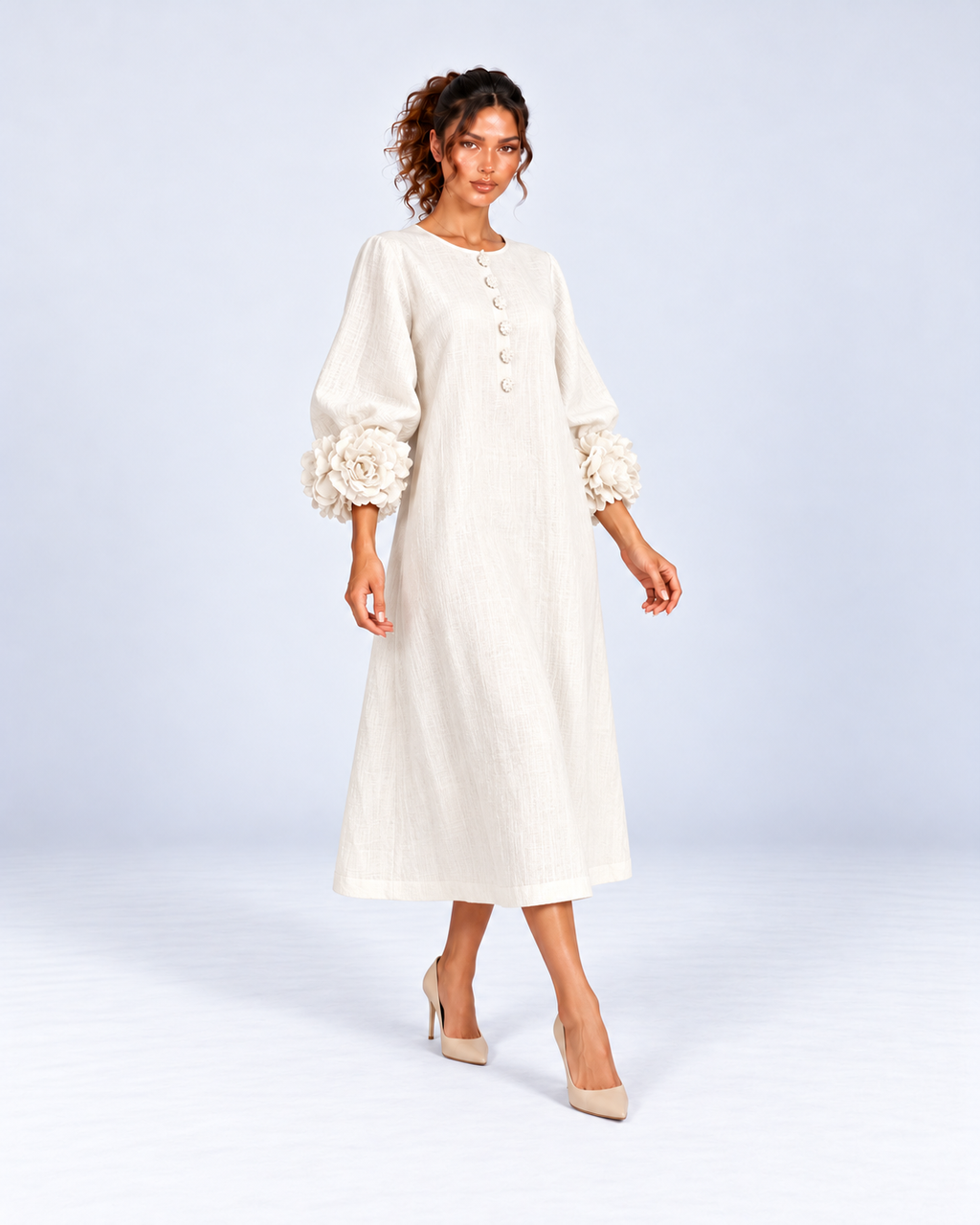 Round-Neck Puff Sleeve A-Line Midi Dress