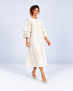 Round-Neck Puff Sleeve A-Line Midi Dress
