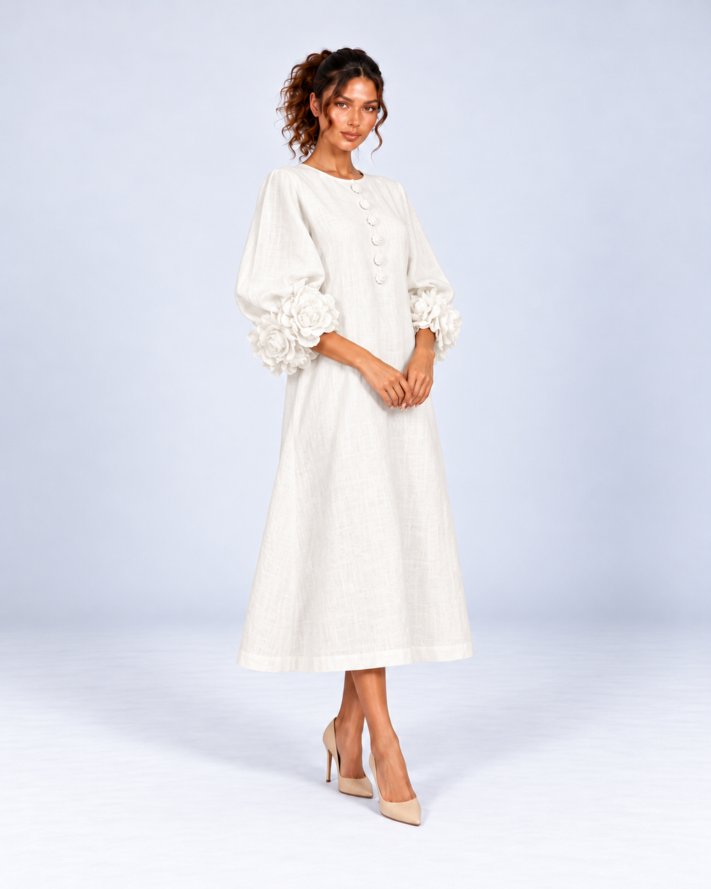 Round-Neck Puff Sleeve A-Line Midi Dress