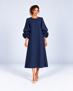 Round-Neck Puff Sleeve A-Line Midi Dress