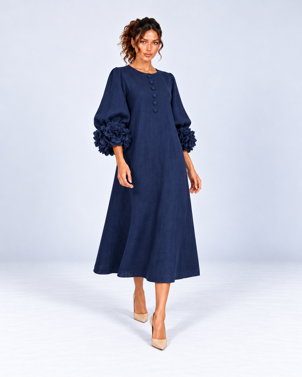 Round-Neck Puff Sleeve A-Line Midi Dress