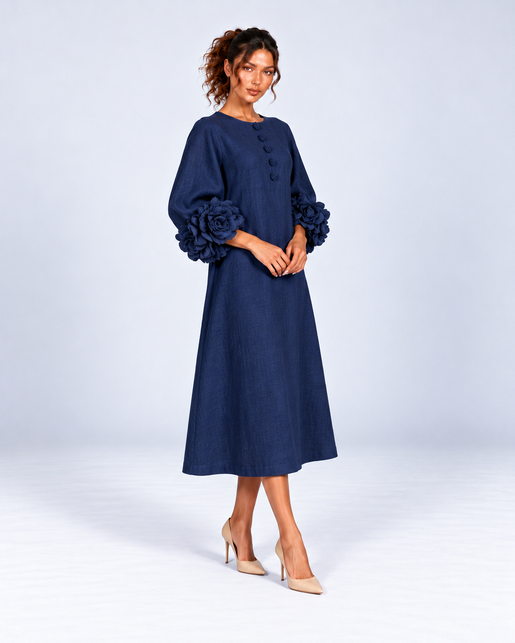 Round-Neck Puff Sleeve A-Line Midi Dress