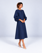 Round-Neck Puff Sleeve A-Line Midi Dress