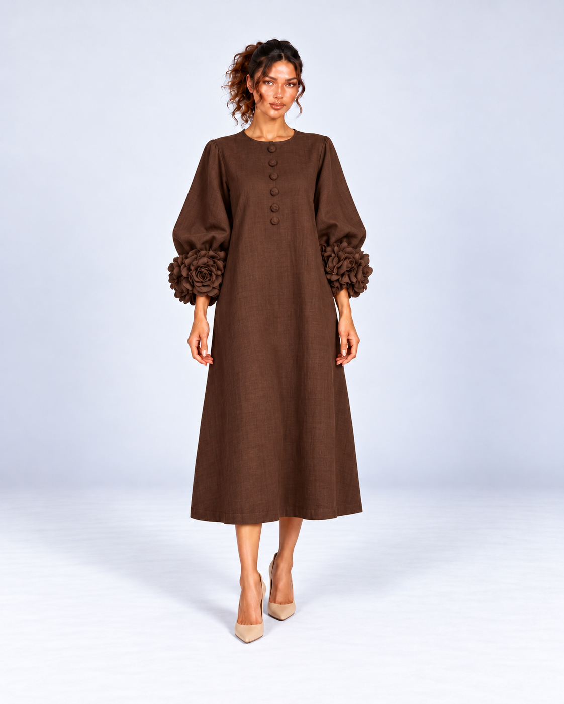 Round-Neck Puff Sleeve A-Line Midi Dress