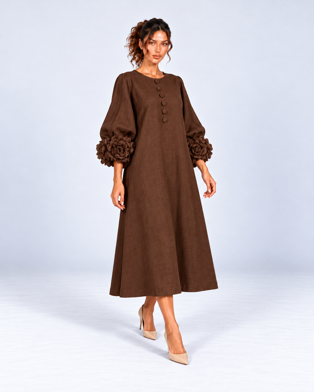Round-Neck Puff Sleeve A-Line Midi Dress