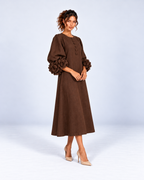 Round-Neck Puff Sleeve A-Line Midi Dress