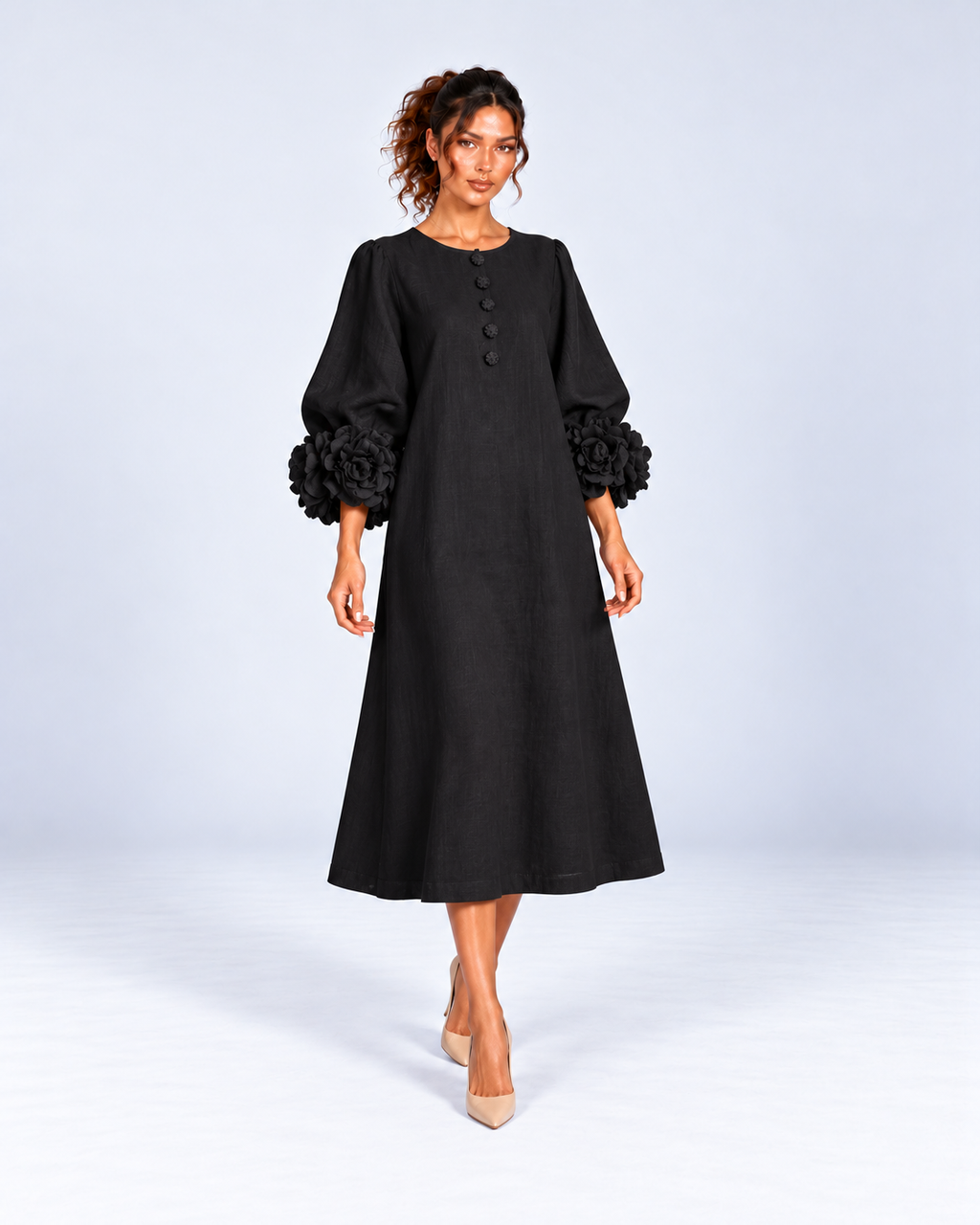 Round-Neck Puff Sleeve A-Line Midi Dress
