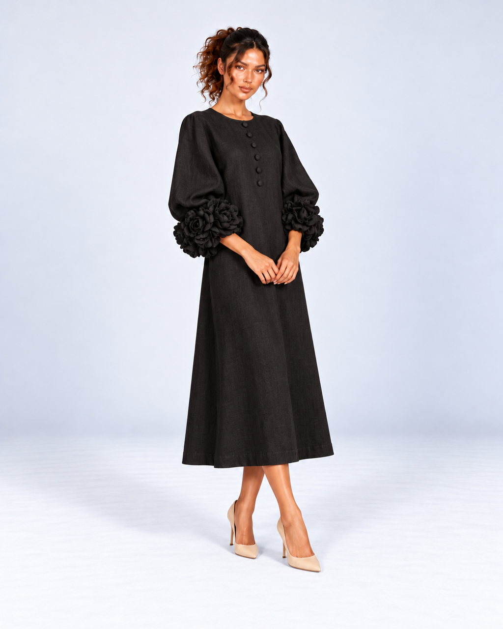 Round-Neck Puff Sleeve A-Line Midi Dress