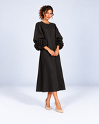 Round-Neck Puff Sleeve A-Line Midi Dress