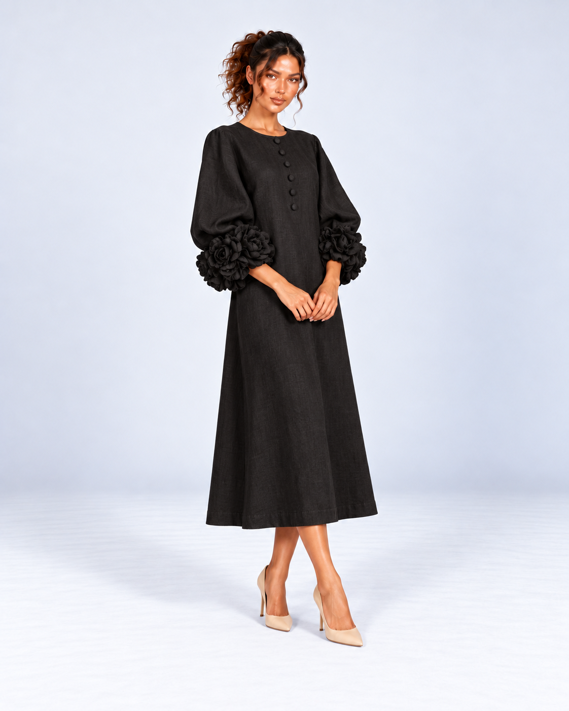 Round-Neck Puff Sleeve A-Line Midi Dress