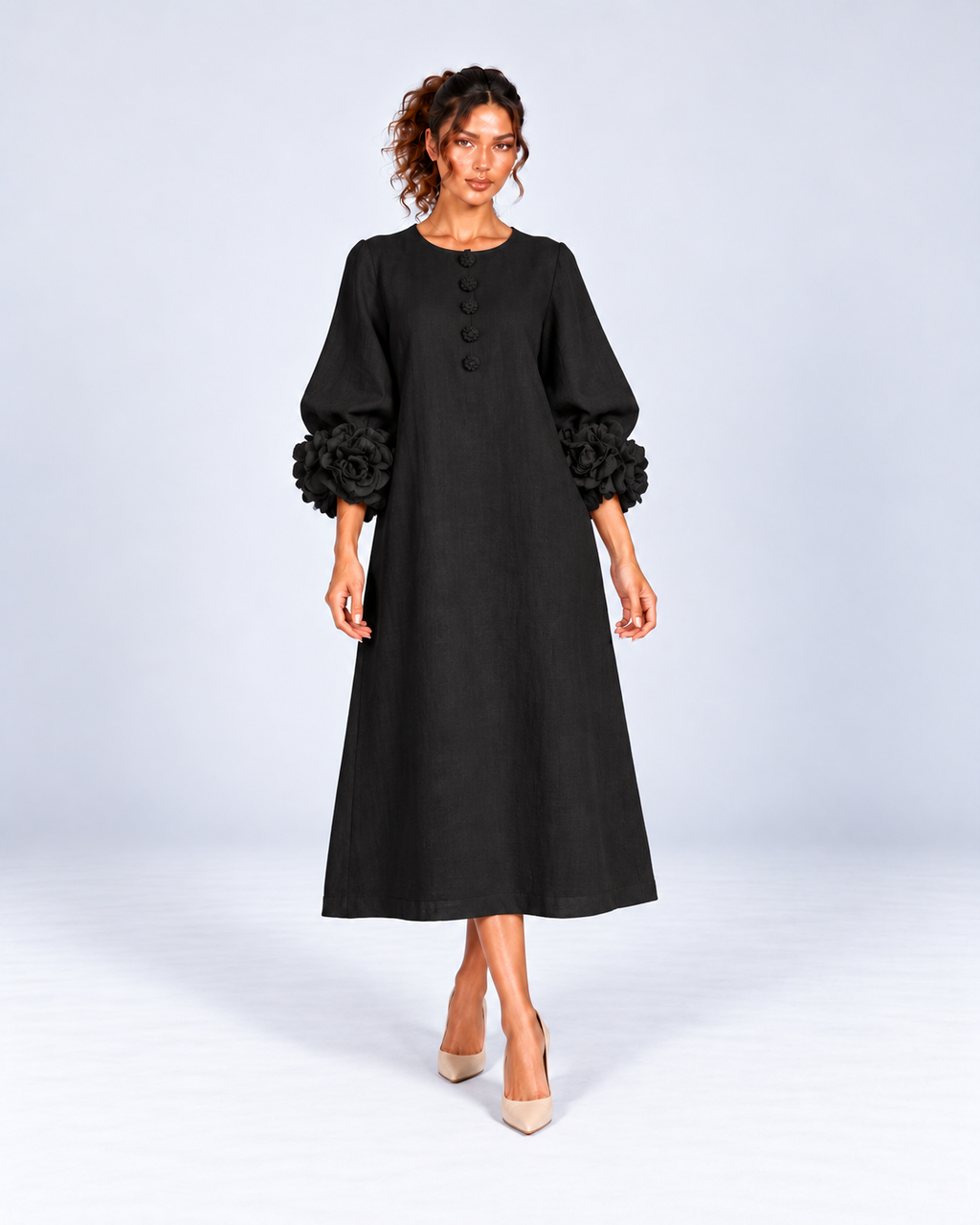 Round-Neck Puff Sleeve A-Line Midi Dress