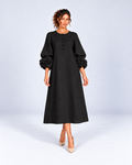Round-Neck Puff Sleeve A-Line Midi Dress