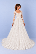 White Floral Lace V Neck Long Sleeve A Line Wedding Dress with Train
